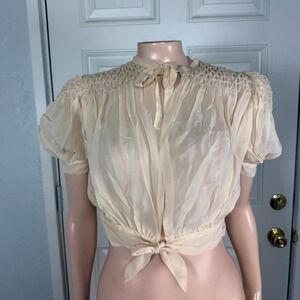 Vintage 40s 50s Silk blouse Sheer Smocked Silk Tie Front Open Crop top EE3